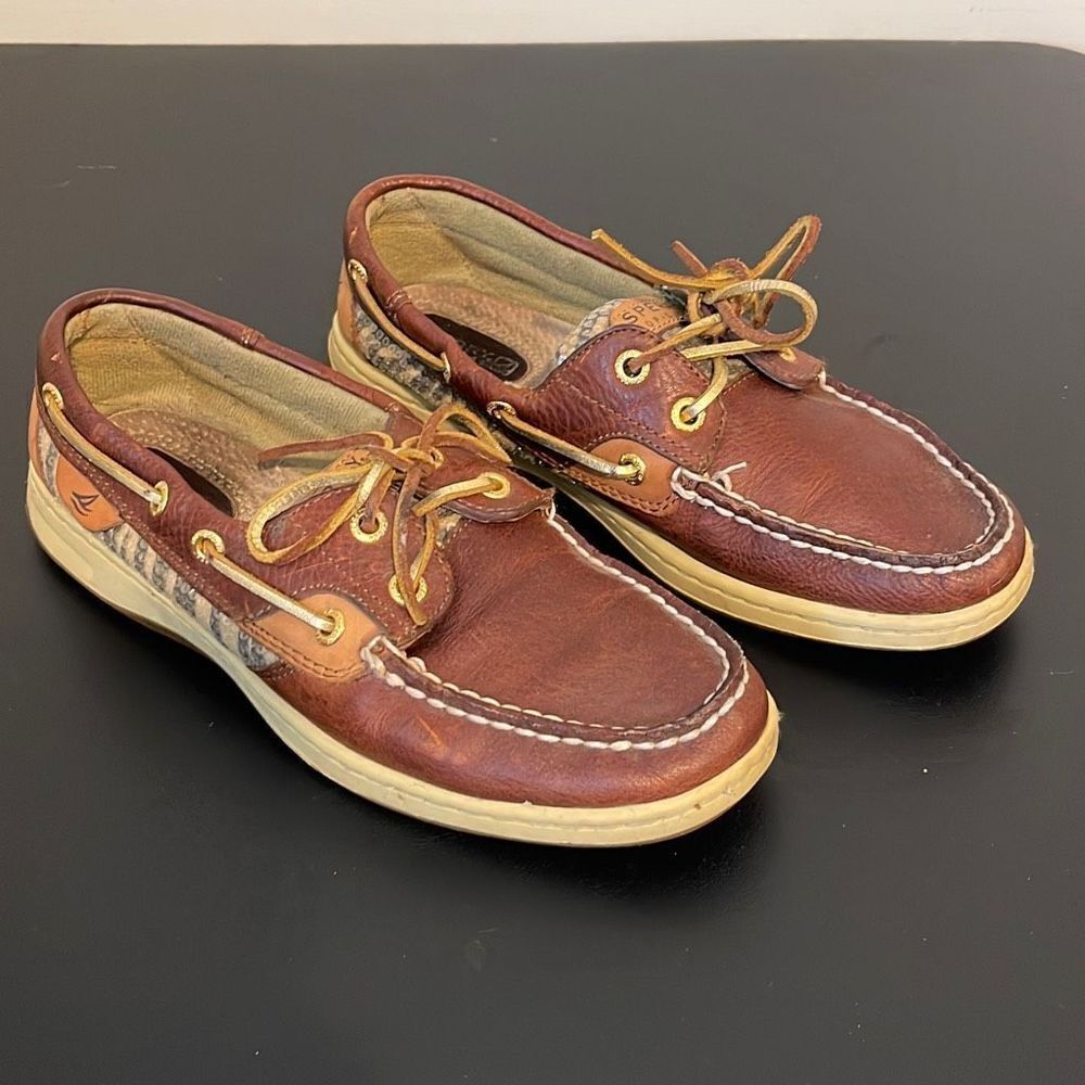 Sperry Womens Top Sider Boat Shoes Loafer‎ Tiger Print Moc Toe Brown Size 6.5